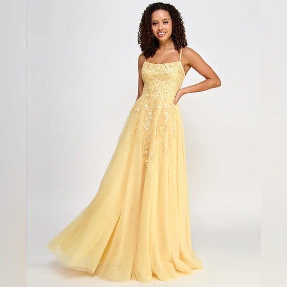 Say Yes Juniors' Embellished Lace-Up Mesh Gown - Picture 1 of 10